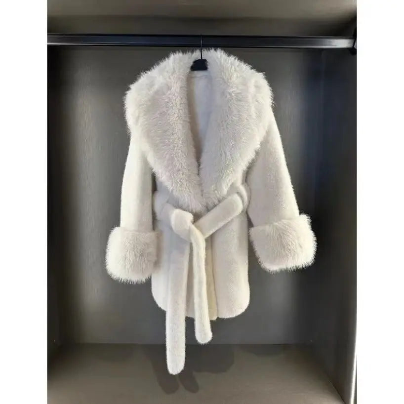 Faux Mink Fur Coat for Women,Covered Button Jacket,Casual Outwear,Adjustable Waist,Korean,Autumn and Winter,2025