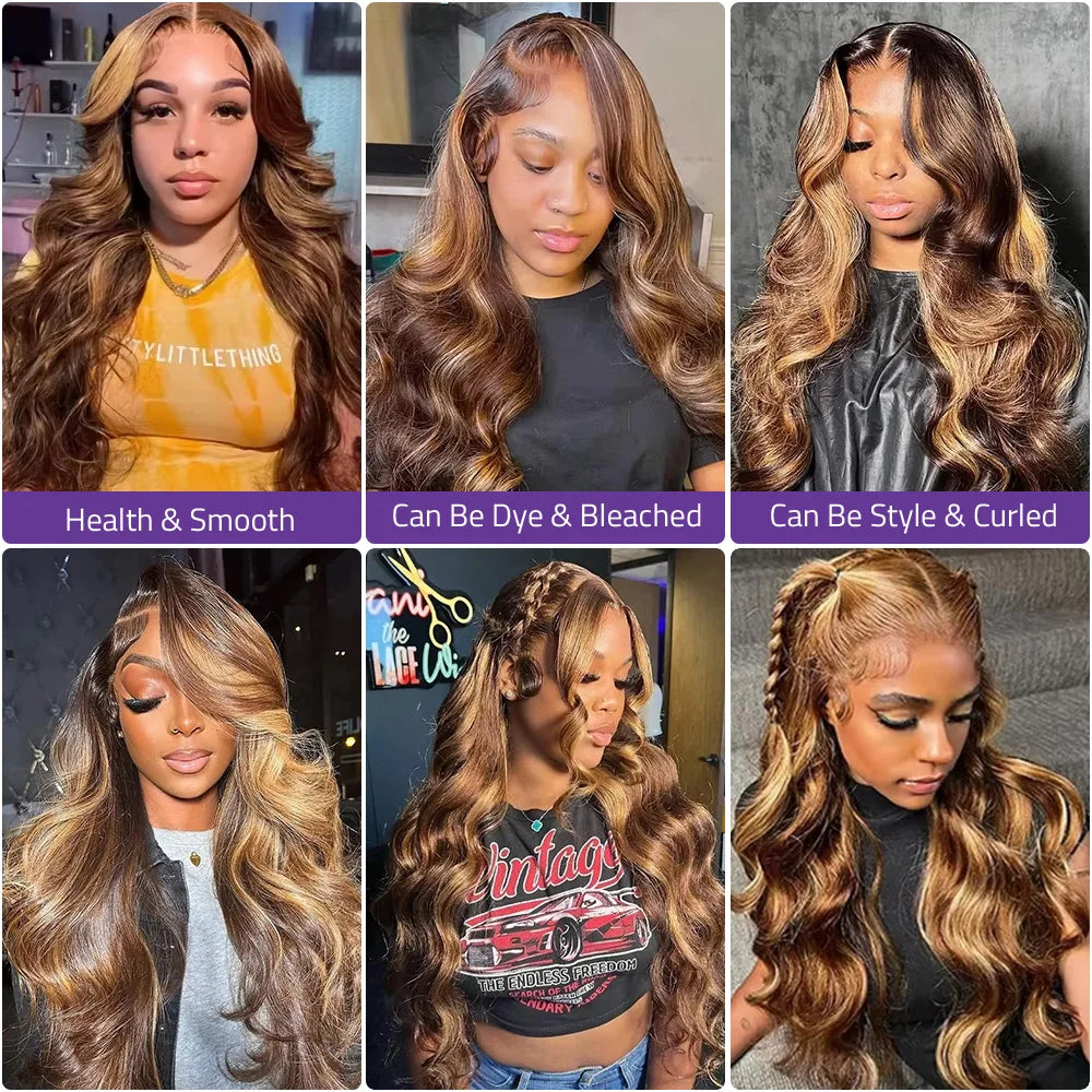 30 40 Inches Body Wave P4/27 Highlight Human Hair Wig 13x4 13x6 HD Lace Frontal Honey Blonde Colored Wigs For Women PrePlucked - Kimlud