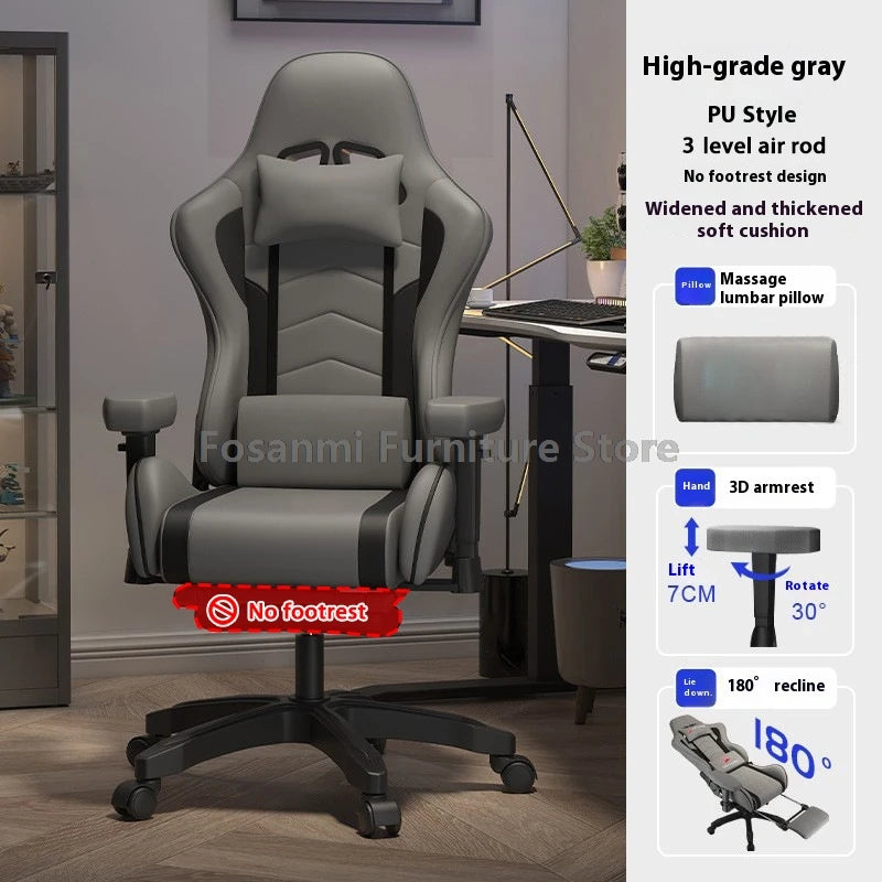 Stylish Reclining Gray Leather Gaming Chair Home Office Ergonomic Desk Chair with Lumbar Pillow Adjustable Gamer Computer Chairs