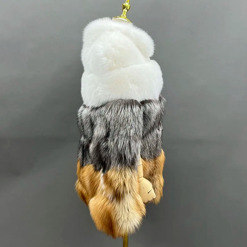 JANEFUR Women's Winter Warm Cloak True Fox Fur Cloak Six-section Stand-up Collar Fox Poncho Winter Female Cape