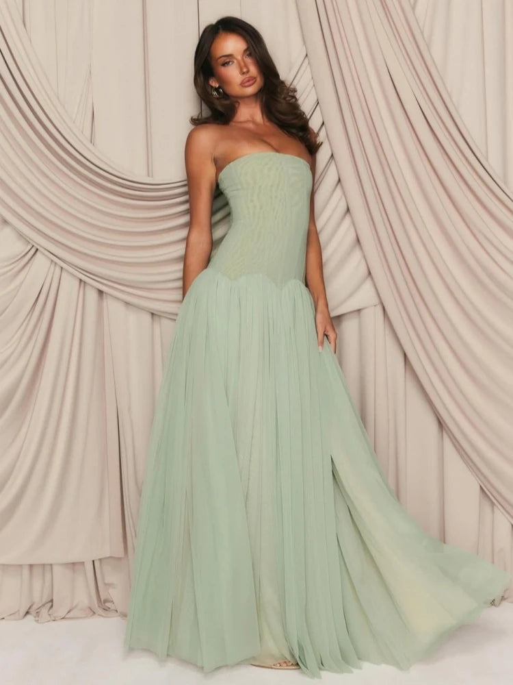 Sexy Sleeveless Mesh Patchwork Long Dress Women Light Green Strapless Slim A Line Dresses Celebrity Evening Club Party...