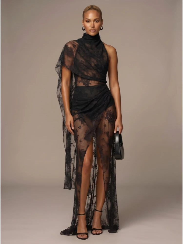Sexy Backless High Neck Lace See Through Draped Folds Split Long Dress Women Black Sleeveless Slim Dresses Evening Party Gowns