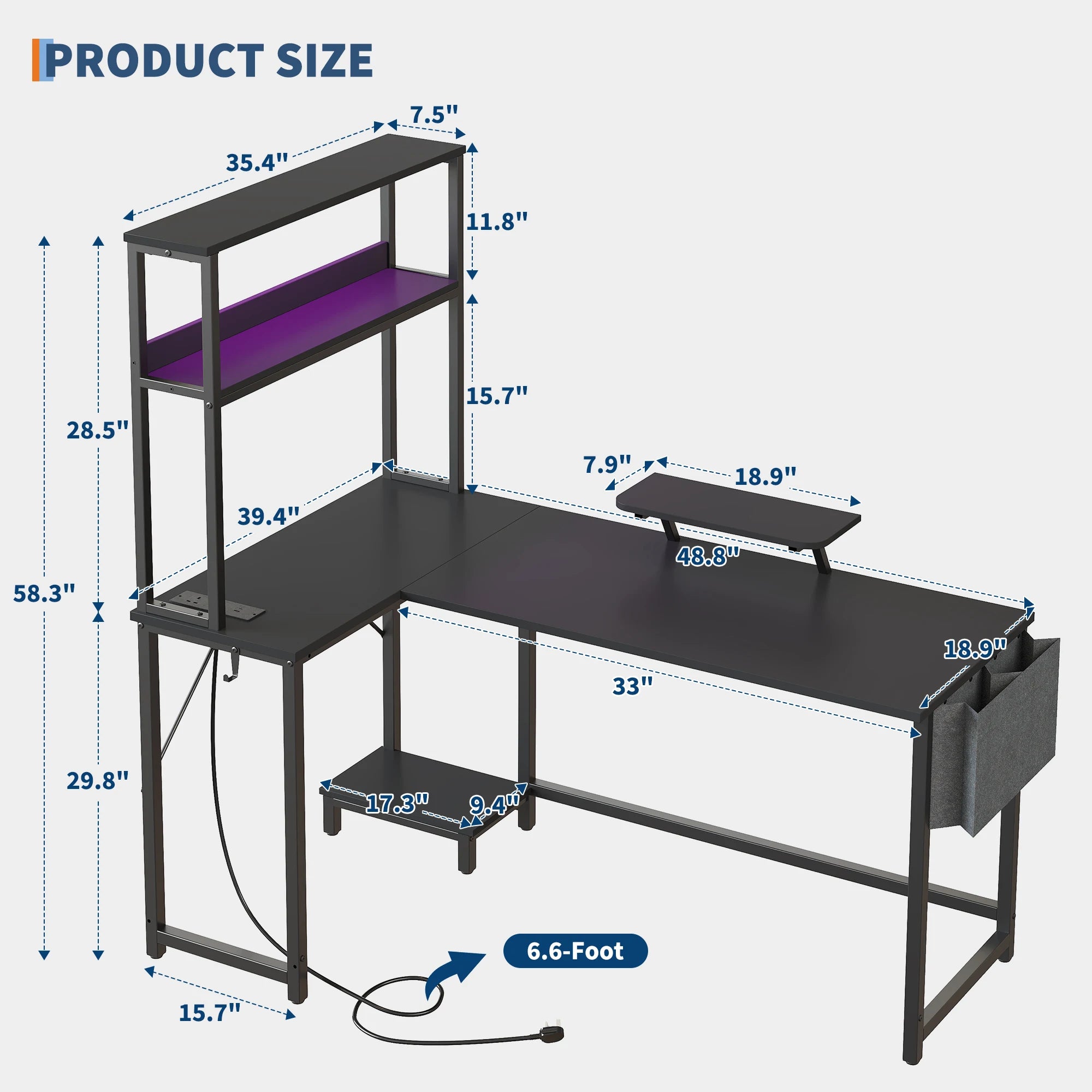 L Shaped Gaming Desk with Power Outlets & LED Lights, Corner Desk with Monitor Stand for Home Office, Space-Saving |...