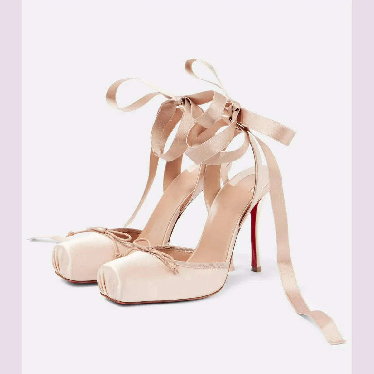 Balck Stain Lace Up Ballet Shoes Girl Pink Square Toe Bow Tie Stiletto Heel Ankle Strap Slingback Elegant Summer Sexy Pumps