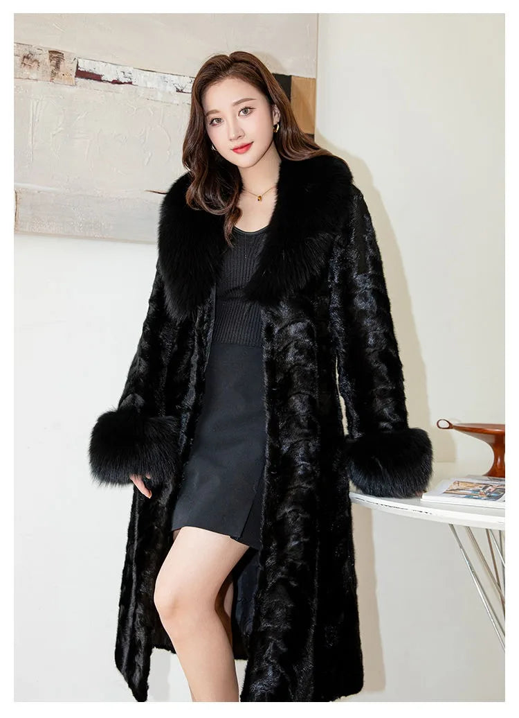Hot Sales Genuine Mink Fur Fashion New Women's Long Thickened Oversized Fox Fur Collar Warm Mink Coat High Quality Real Fur Coat