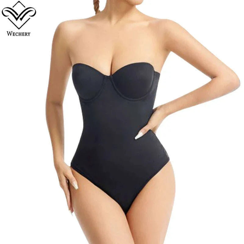 Wechery Women's Bodysuit Slimming Body Shaper Tummy Control Shapewear Detachable Shoulder Strap Female Underwear