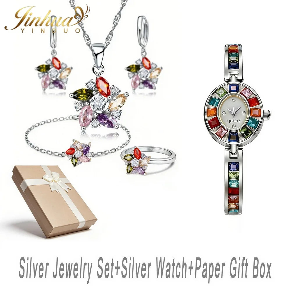 26 Wellness Jewelry Set 925 Sterling Silver Windmill Colorful Good Lucky CZ Necklace Earrings Bracelet Ring+Gift Box For Women