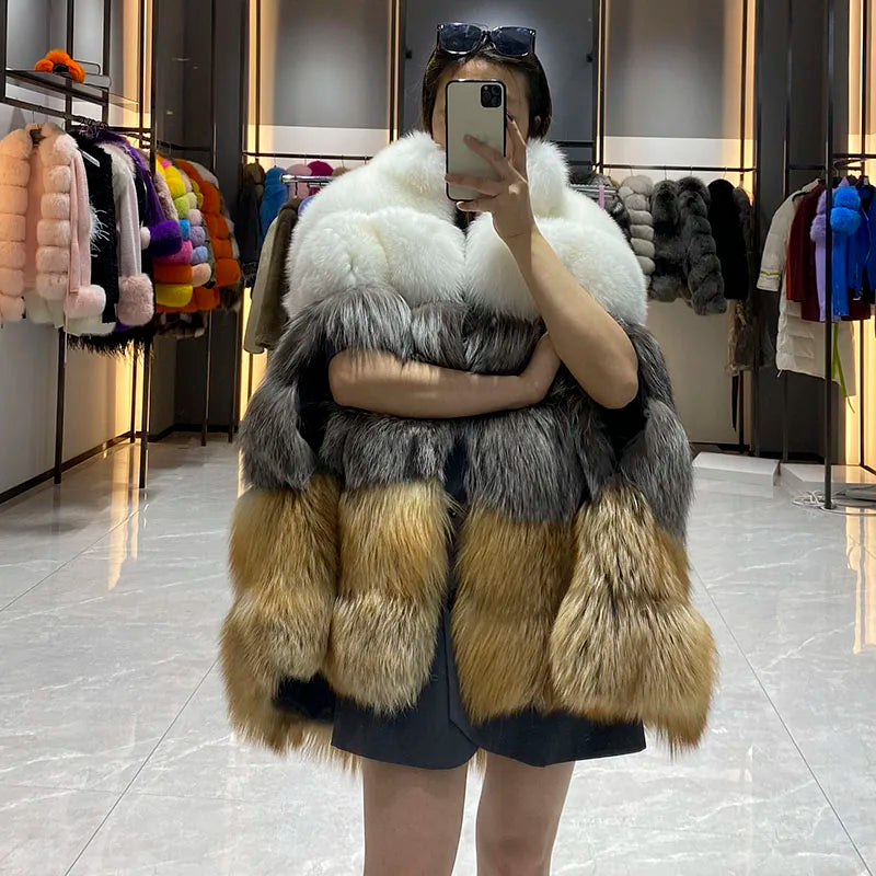 JANEFUR Women's Winter Warm Cloak True Fox Fur Cloak Six-section Stand-up Collar Fox Poncho Winter Female Cape