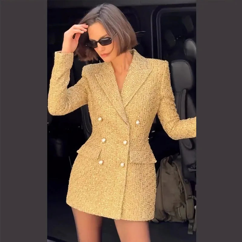 Paillette Women's Blazer Coat Lapel Doube-Breasted Fake Pocket Slim Jackets Lady 2025 Autumn Winter Chic Female Streewear - Kimlud