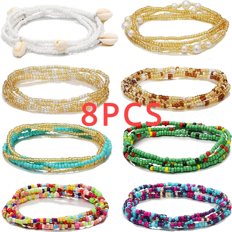 8PCS African Waist Beads for Women Teen Girls Elastic Layered Belly Bead Body Chain Waist Beads Pack Colorful Waist Jewelry - Kimlud