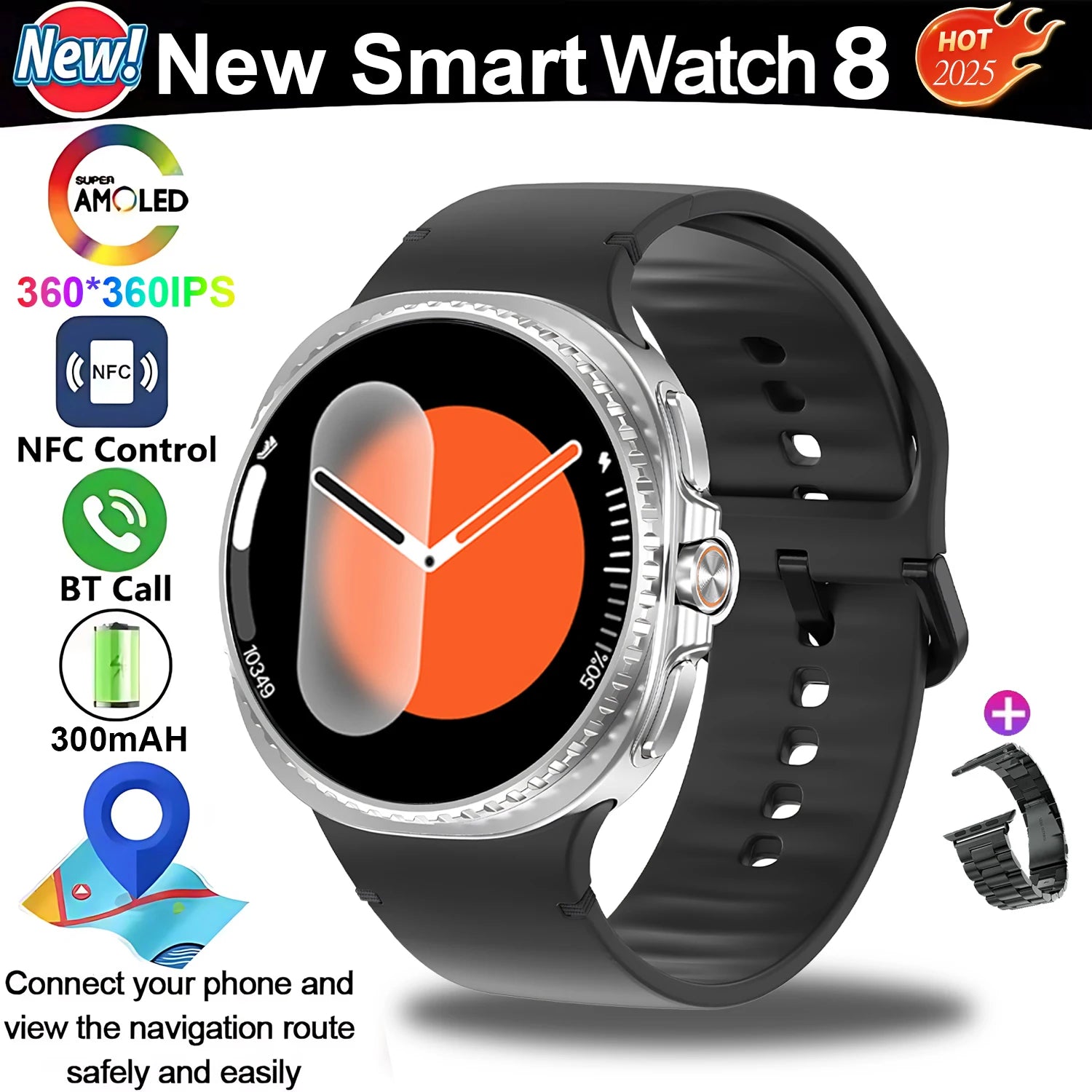 New Smart Watch 8 classic Rotating Dial AMOLED HD Screen Men's GPS NFC Sport modes Fitness Heart Rate Bluetooth Call Smart Watch