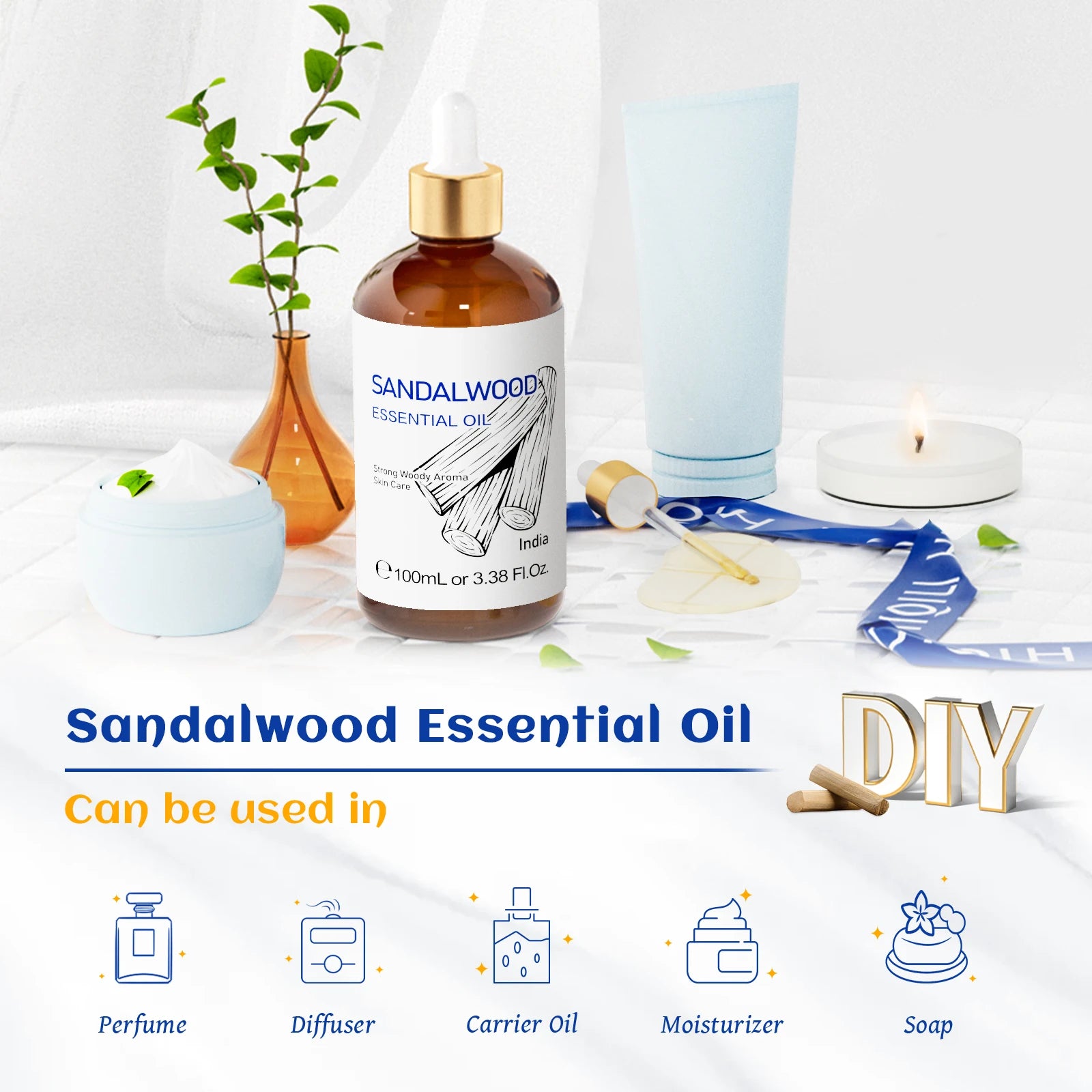 HIQILI 100ML Pure Sandalwood Essential Oil Lavender Jasmine Eucalyptus Peppermint Ylang Ylang Frankincense (Choose Scent)