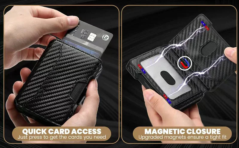 Minimalist Mens Wallet with Money Clip, Aluminum Pop Up Card Case and Leather Slots Credit Card Holder RFID Blocking Wallet
