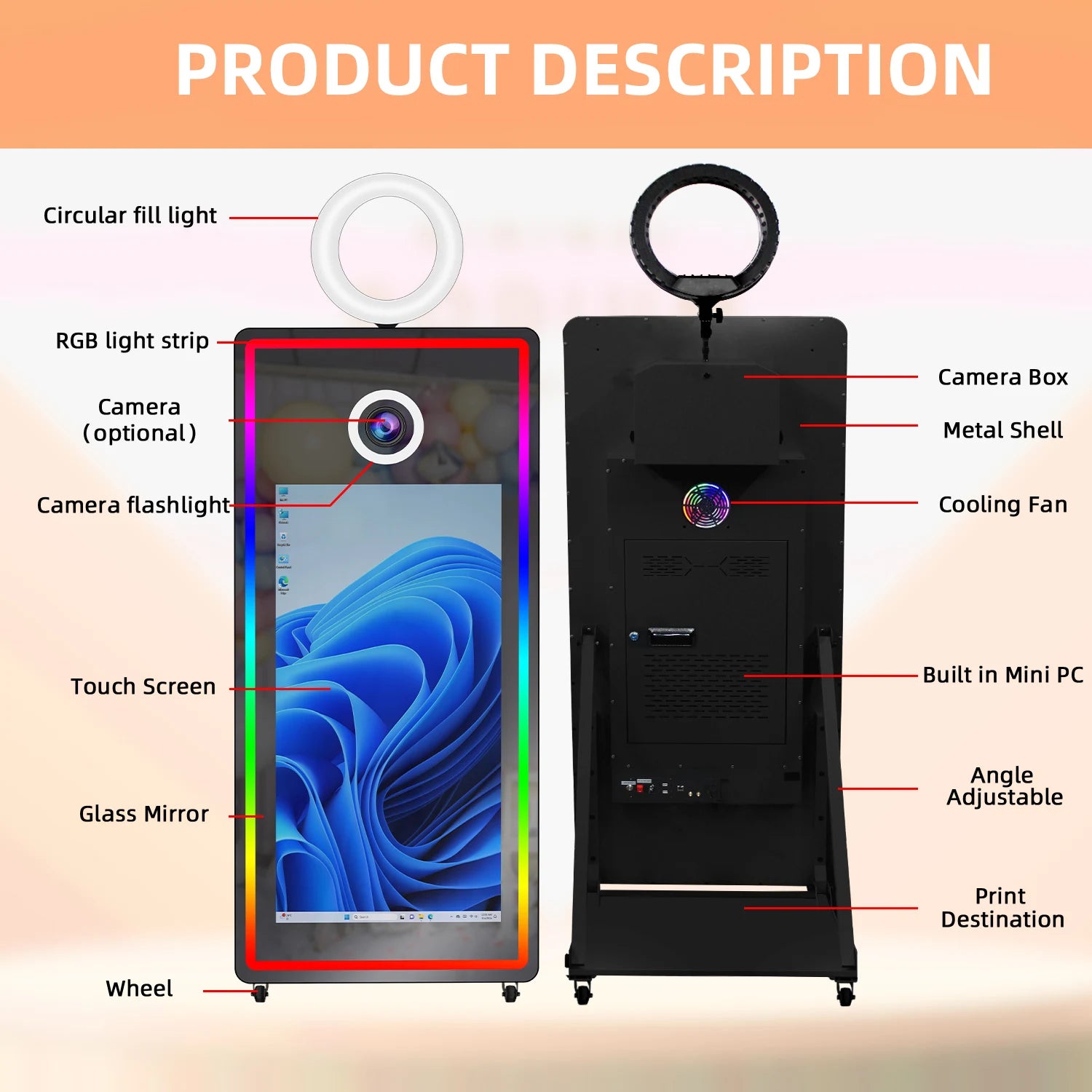 Portabl Magic Mirror Photo Booth 43 inch Touch Screen Camera photoBooth with LED and Flight Case Selfie for Wedding Party Events - Kimlud
