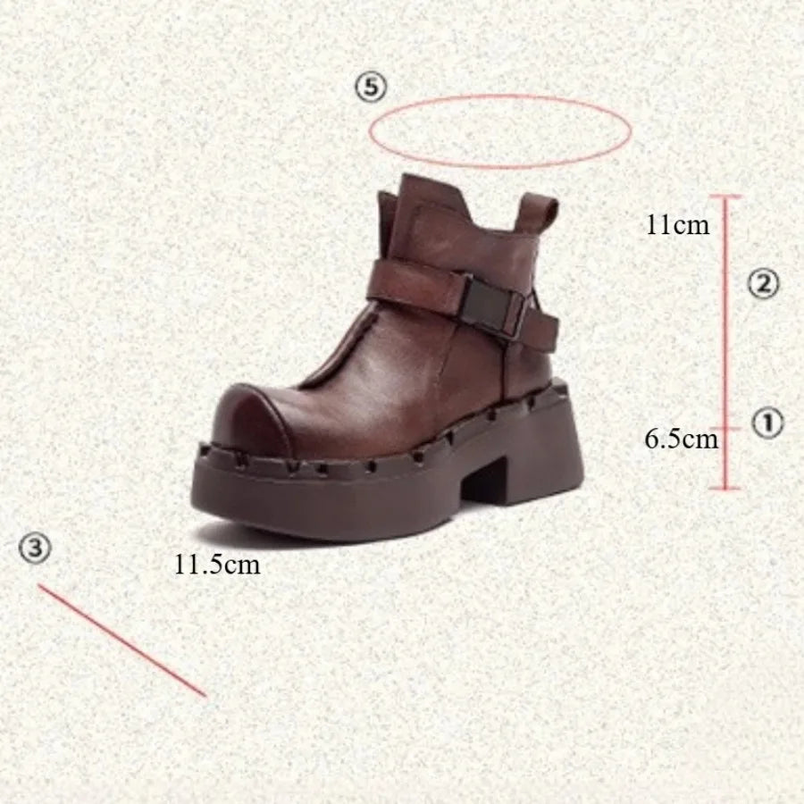 6.5cm Cow Natural Genuine Leather Autumn Flats Comfy Shoes Platform Wedge Elthnic Big Toe Women Ankle Booties Rubber Spring