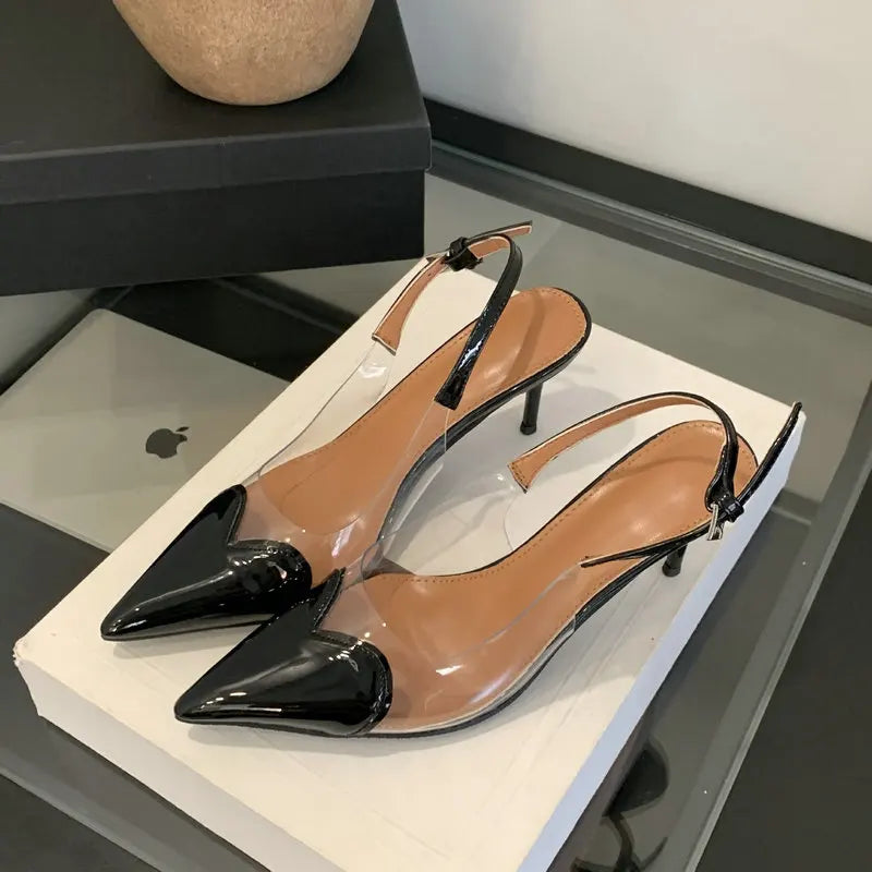 2025 New Pointy Peach Heart Fine Heel Shoes Sexy Pvc Transparent Film Black Patent Leather High Heel Overhead Sandals