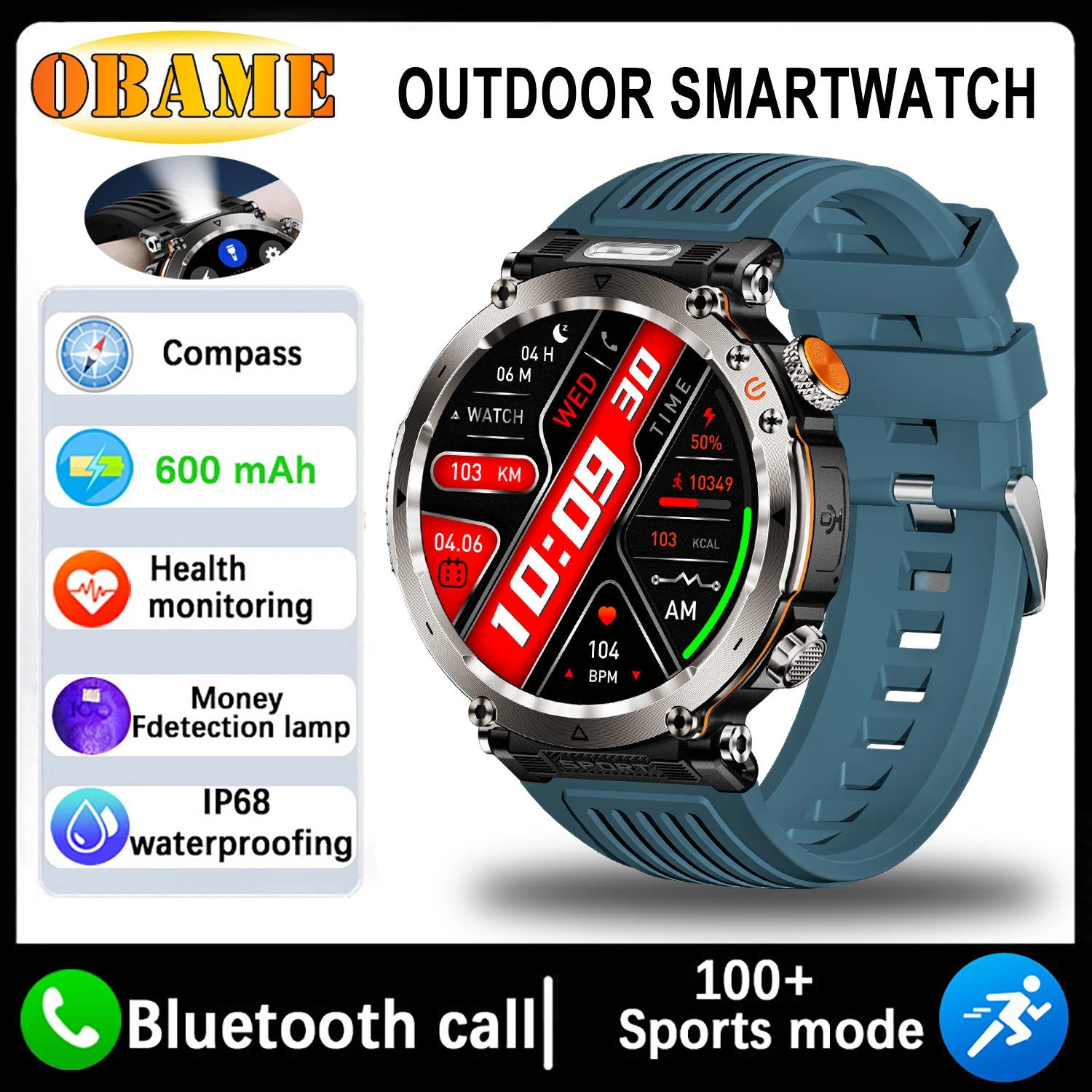 New 5ATM Outdoor Smart Watch Men 600mAh LED Flashlight SmartWatch Compass Bluetooth call Heart rate IP 68 Sports Smartwatch 2025