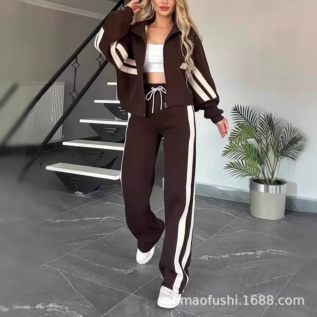 Y2K Striped Zipper Coat+sweatpants Two Piece Set Women Casual Batwing Sleeve Sports Outfits Autumn Winter Sweatshirt Suit
