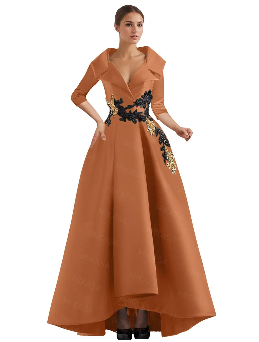 Elegant Vintage Evening Dresses Women V-neck Three Quarter Sleeves A-line Party Gowns With Appliques & Pockets Irregular Ruffles