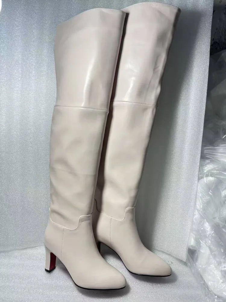 Autumn and Winter New Black Leather Round Head Over Knee Women's Boots, Thick High Heels, Fashionable 34-46 Large Women's Boots