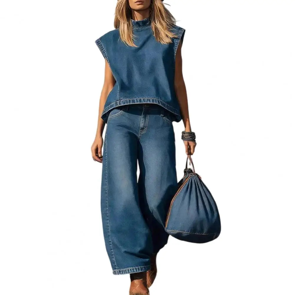 Office Casual Women Outfit Ladies' Summer Vintage Washed Denim Sleeveless Set Straight Leg Casual Pants OL Commuting Set - Kimlud