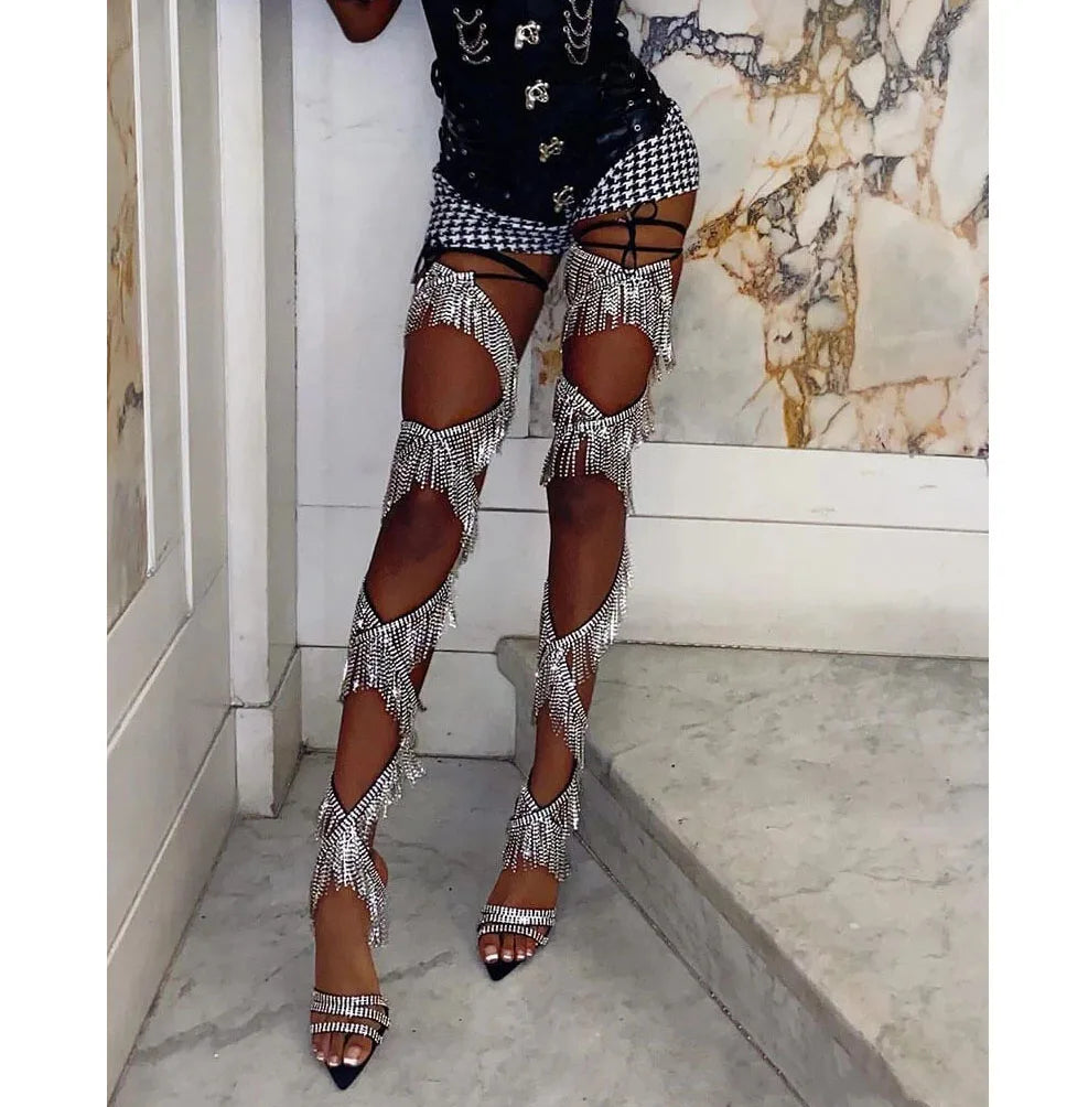 Summer Bling Rhinestone Chains Tassel Cross-tied Thigh Sandals Boots Fringe Crystal Strappy Lace-up Woman Cutout Over Knee Boots