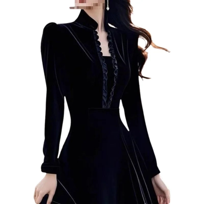 Elegant Black Velvet Dress Formal Occasion Heir to a Rich Family Luxury Feel Hepburn Style Stand Collar Long Sleeve Midi...