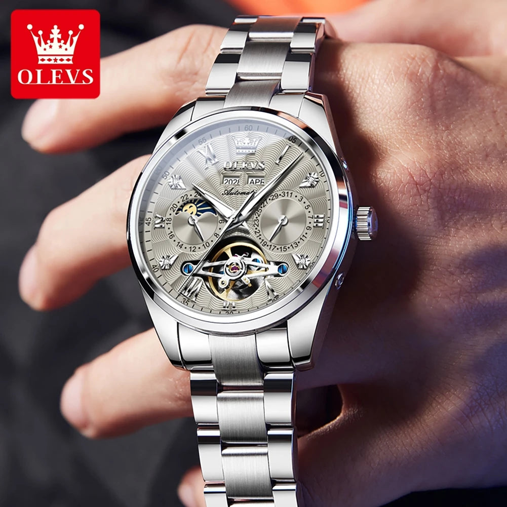 OLEVS Men's Watches Tourbillon Style Trend Fashion Original Automatic Mechanical Wristwatch Waterpoorf Luminous Moon Phase Clock