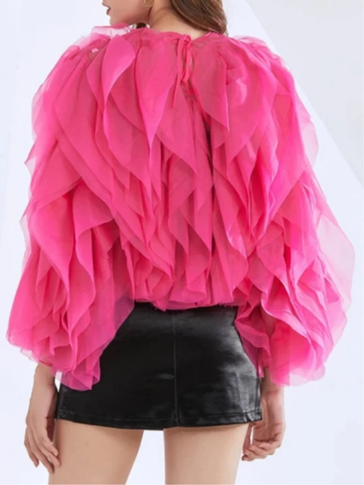 Vintage Ruffle Shirt For Women O Neck Lantern Sleeve Long Sleeve Solid Elegant Blouse Female Fashion New Style Top For Women