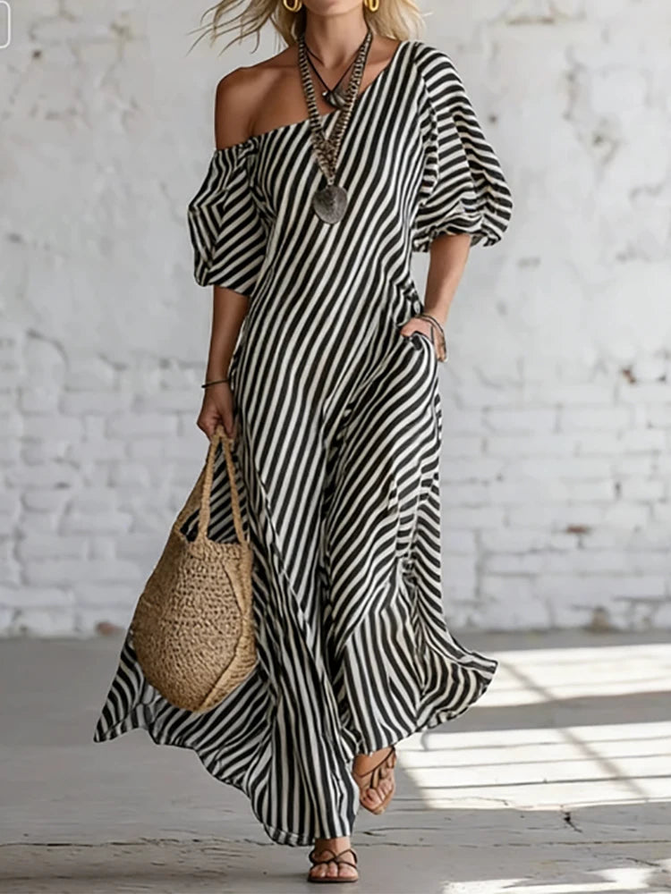 Comfortable daily single shoulder bubble sleeve dress with classic striped print 2026 summer new casual loose long dress