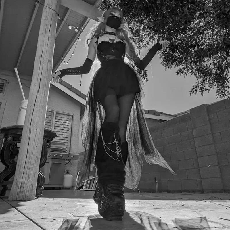 Casual Skirts Punk Sexy Net Yarn High-Waisted Irregular Skirt for Women Summer New European and American Gothic Style Versatile