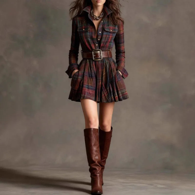 2025 European and American autumn new temperament plaid long-sleeved short skirt + belt, party dress, women's dress