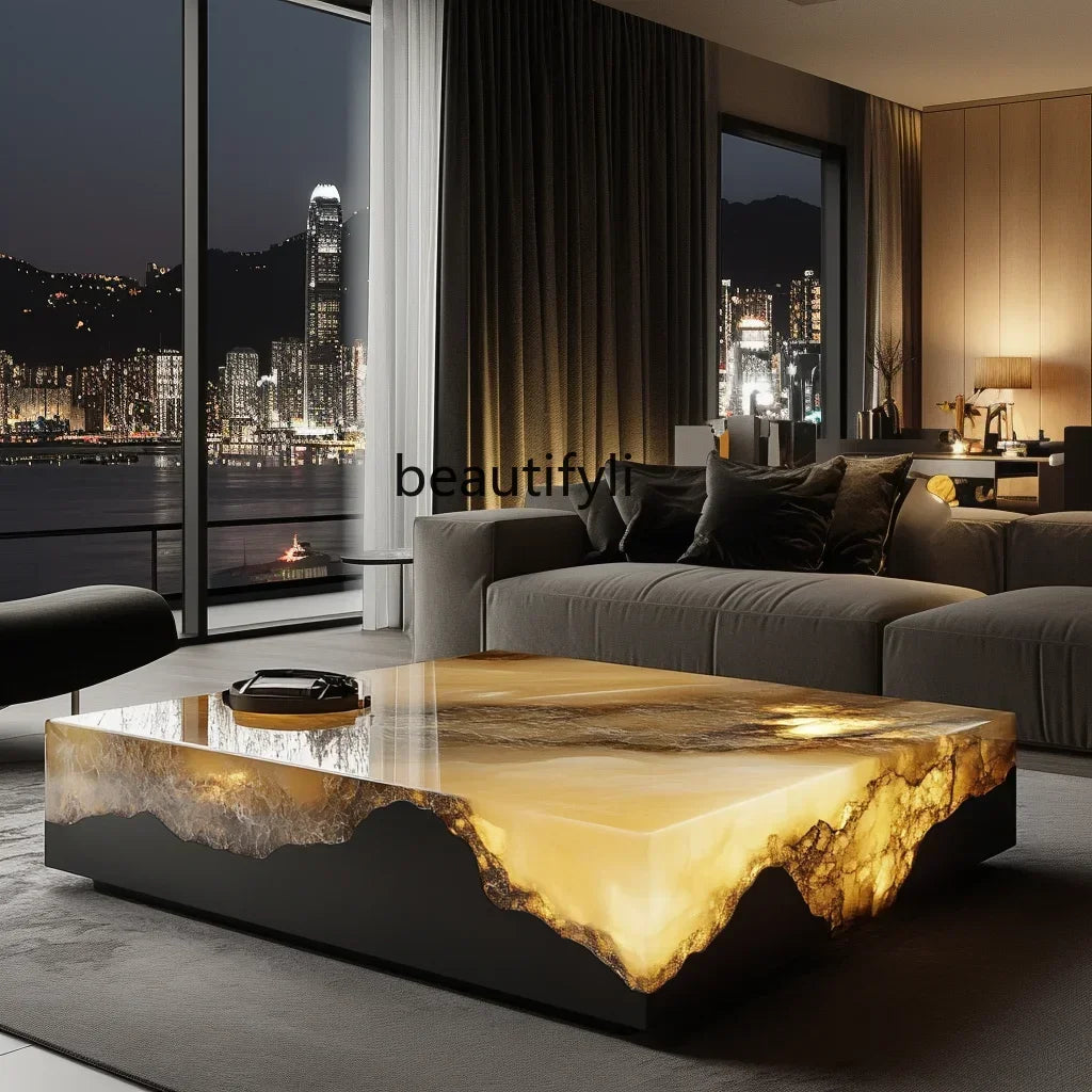 G53 Square luminous jade coffee table leather light luxury minimalist style living room luxury stone natural marble - Kimlud