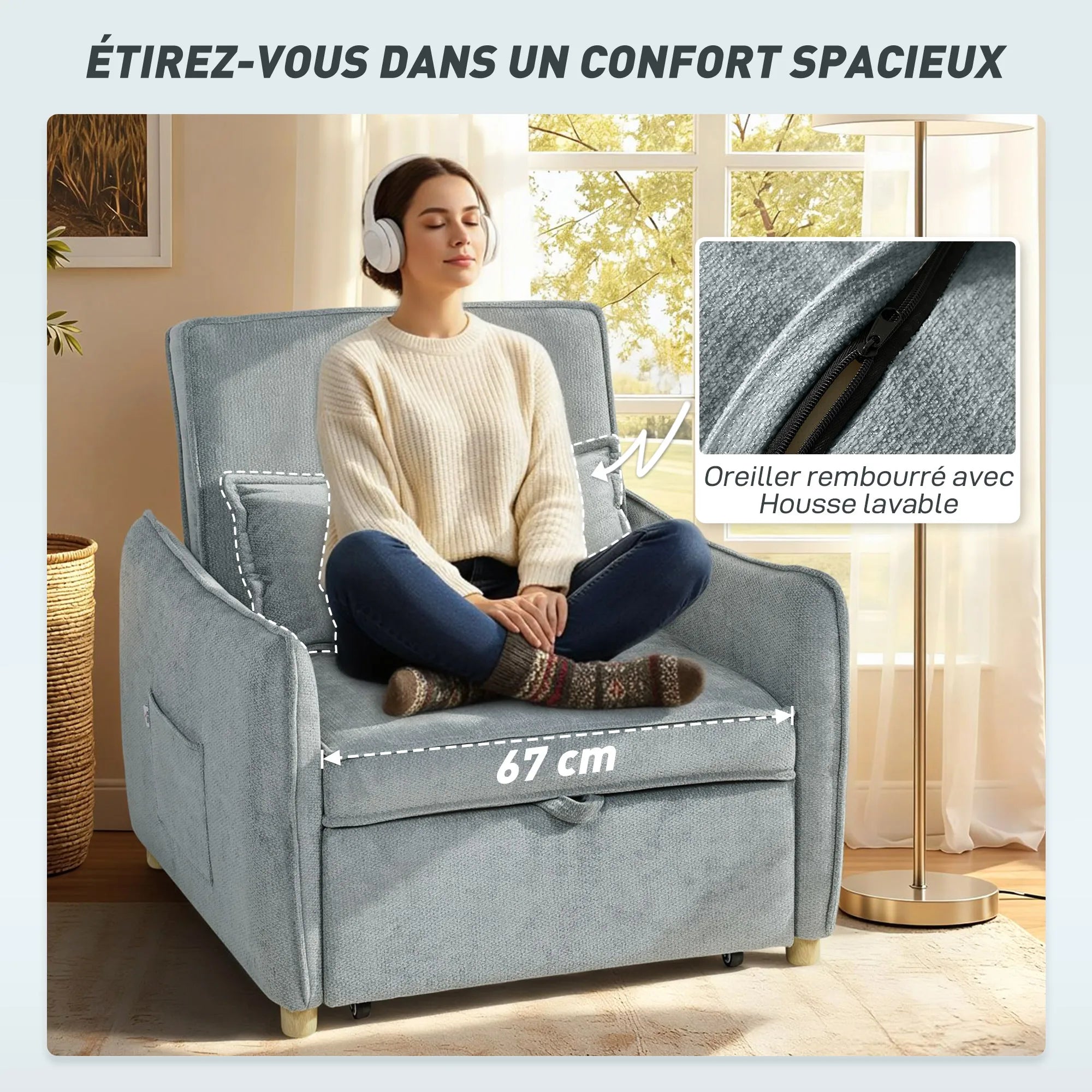 HOMCOM armchair convertible 1 place 3 in 1, armchair-bed Clickle with Wide Sating, Adjustable Backyard, pillow and - Kimlud