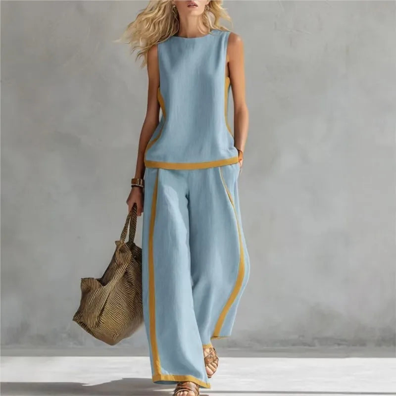 Women's 2-piece Set 2026 New Sleeveless Contrast Wide Leg Pants Suit Summer Casual Fashion Two-piece Trendy Style Women Clothing