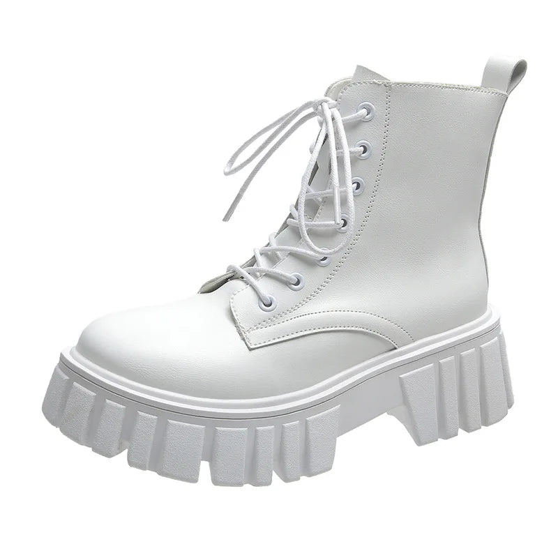 2022 New Women White Ankle Boots PU Leather Thick Sole Lace Up Combat Booties Female Autumn Winter Platform Shoes Woman