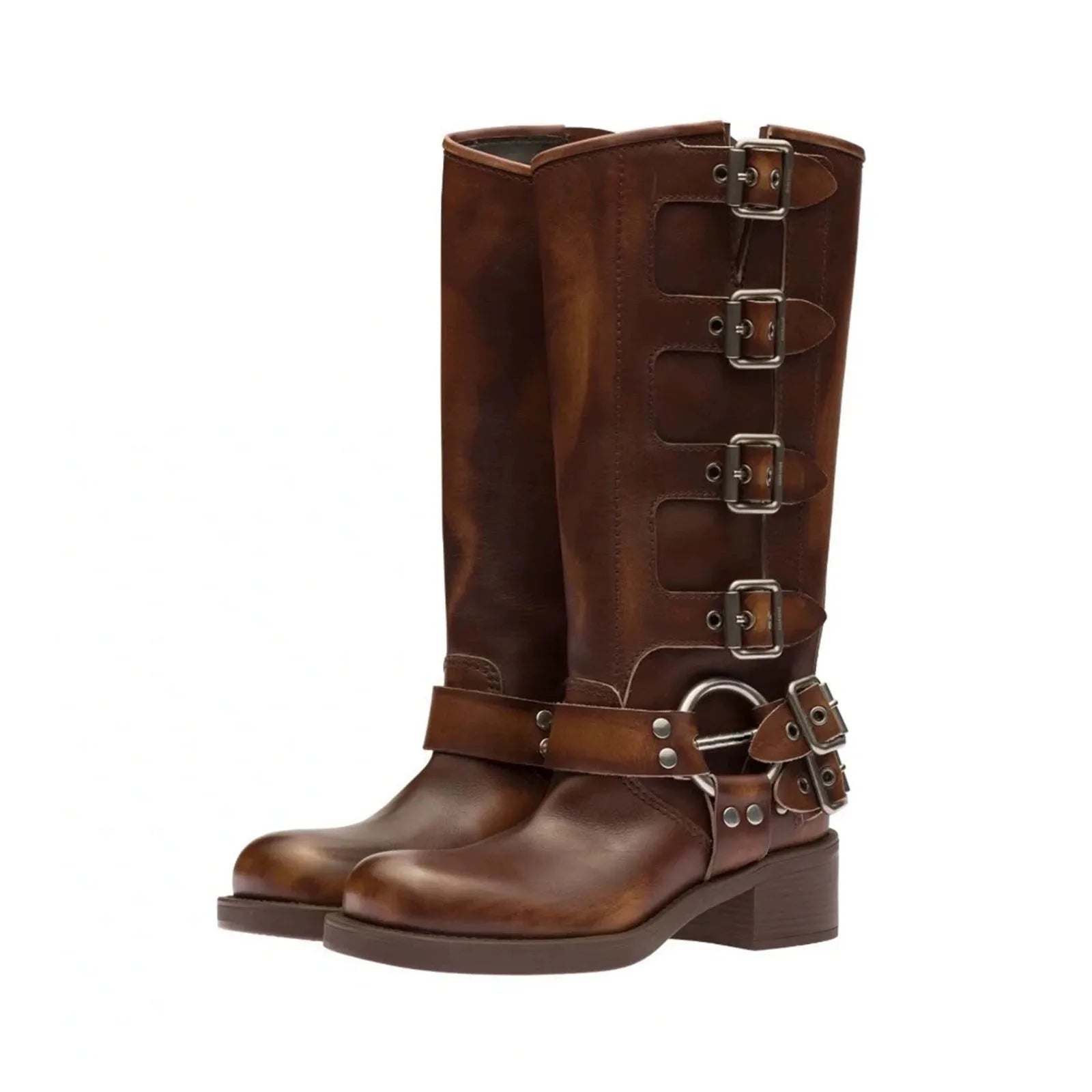 Arden Furtado 2025 Genuine Leather Platform Rivet Motorcycle boots Round toe Belt buckle Block heel mid wide calf Western boots