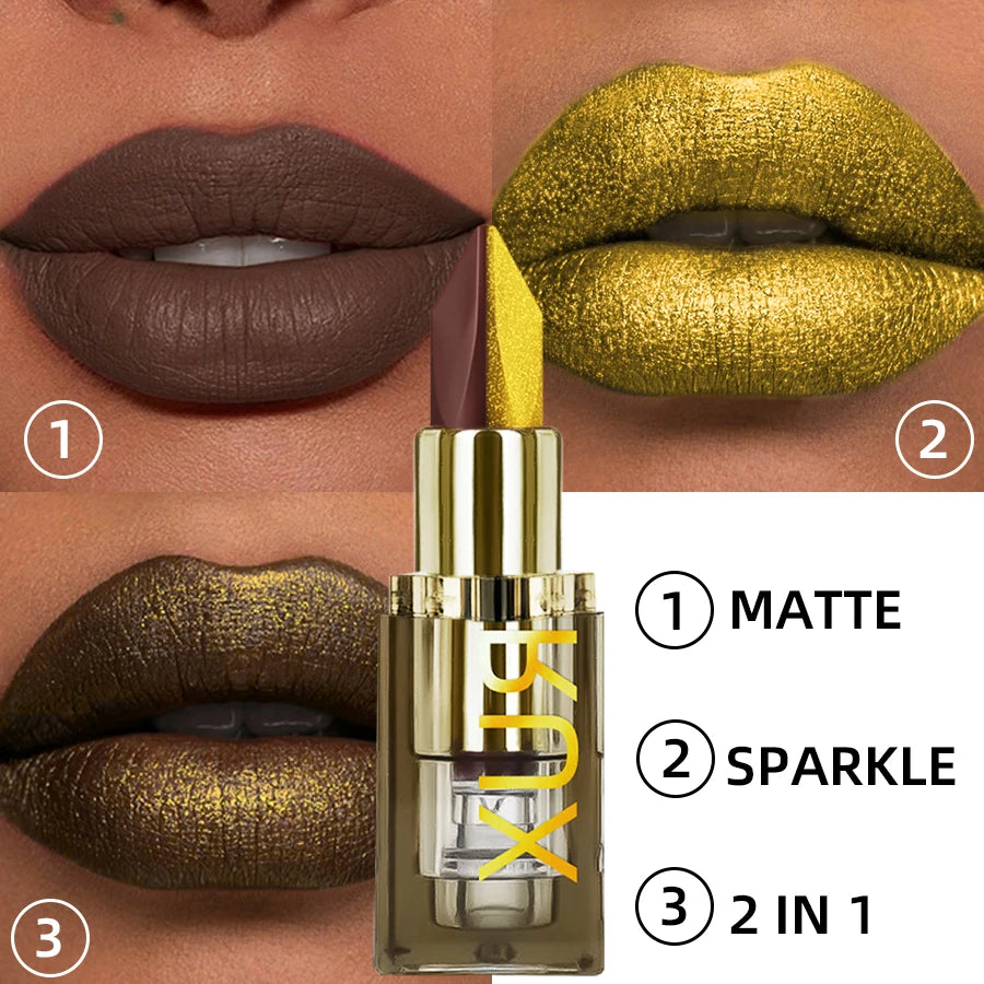 Two tone Color Metallic Lipstick Glitter Shimmer Lip Liner Pen Matte Velvet Finish High Pigment Smooth Lip Tint Korean Makeup