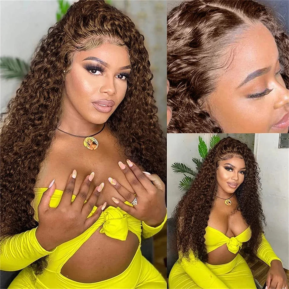 Chocolate Brown Deep Wave Lace Front Human Hair Wigs Transparent 13x4/13x6 Deep Curly Pre Plucked Human Hair Lace Frontal Wigs
