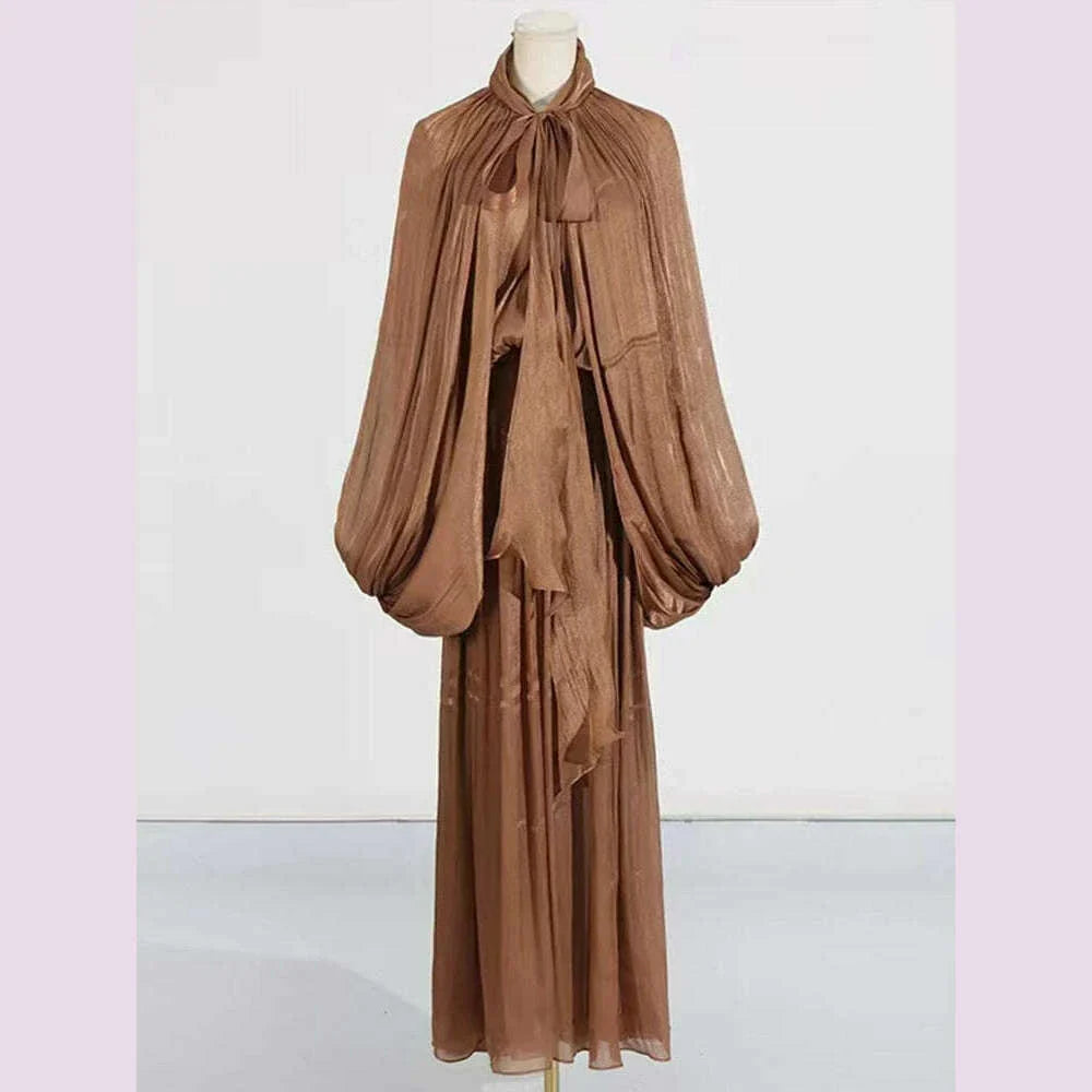 Spring 2025 women's vintage satin lanterny-sleeved sexy long dress with a leaky back, fashionable drape loose pleated skirt