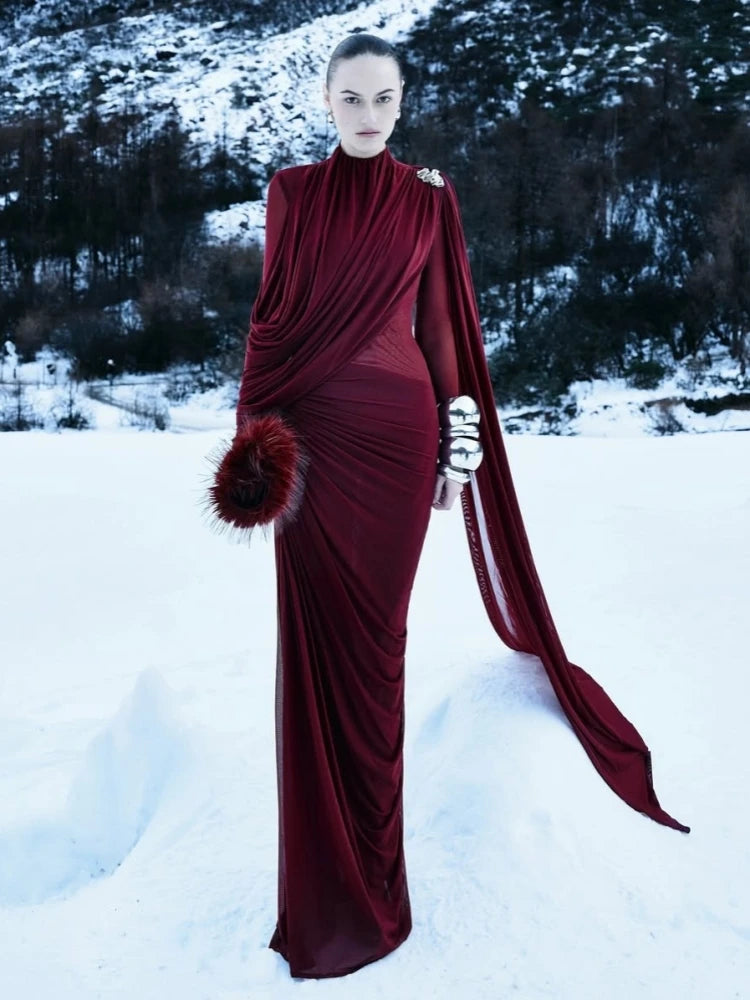 Sexy Long Sleeve O Neck Pleated Draped Long Dress Women Burgundy Mesh Patchwork Folds Slim Runway Celebrity Evening...