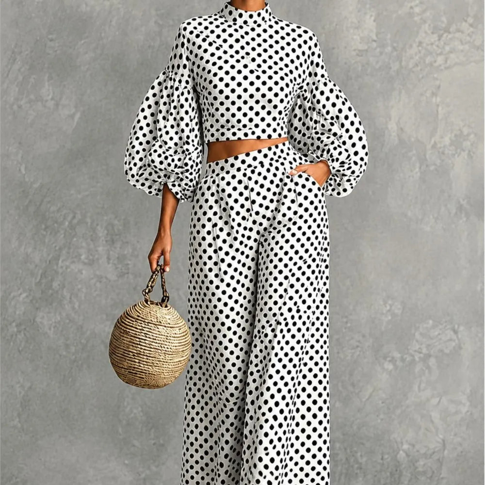 Loose Polka-dot Trousers Suit Autumn Winter Elegant Street Style Lantern Sleeve Long-sleeved Top Wide-leg Trousers Two-piece Set