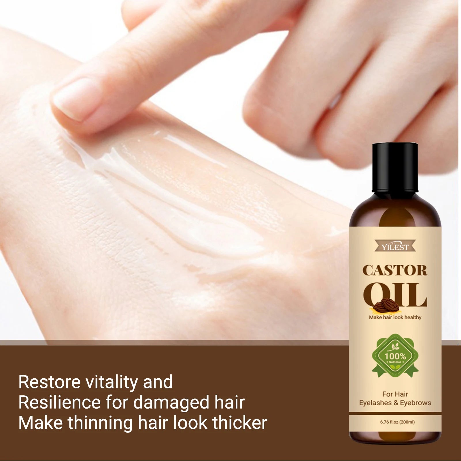 100%Pure Castor Oil - For Hair Growth, Eyelashes Eyebrows Care, Moisturizing & Strengthening Dry Damaged Hair, Repair Split Ends