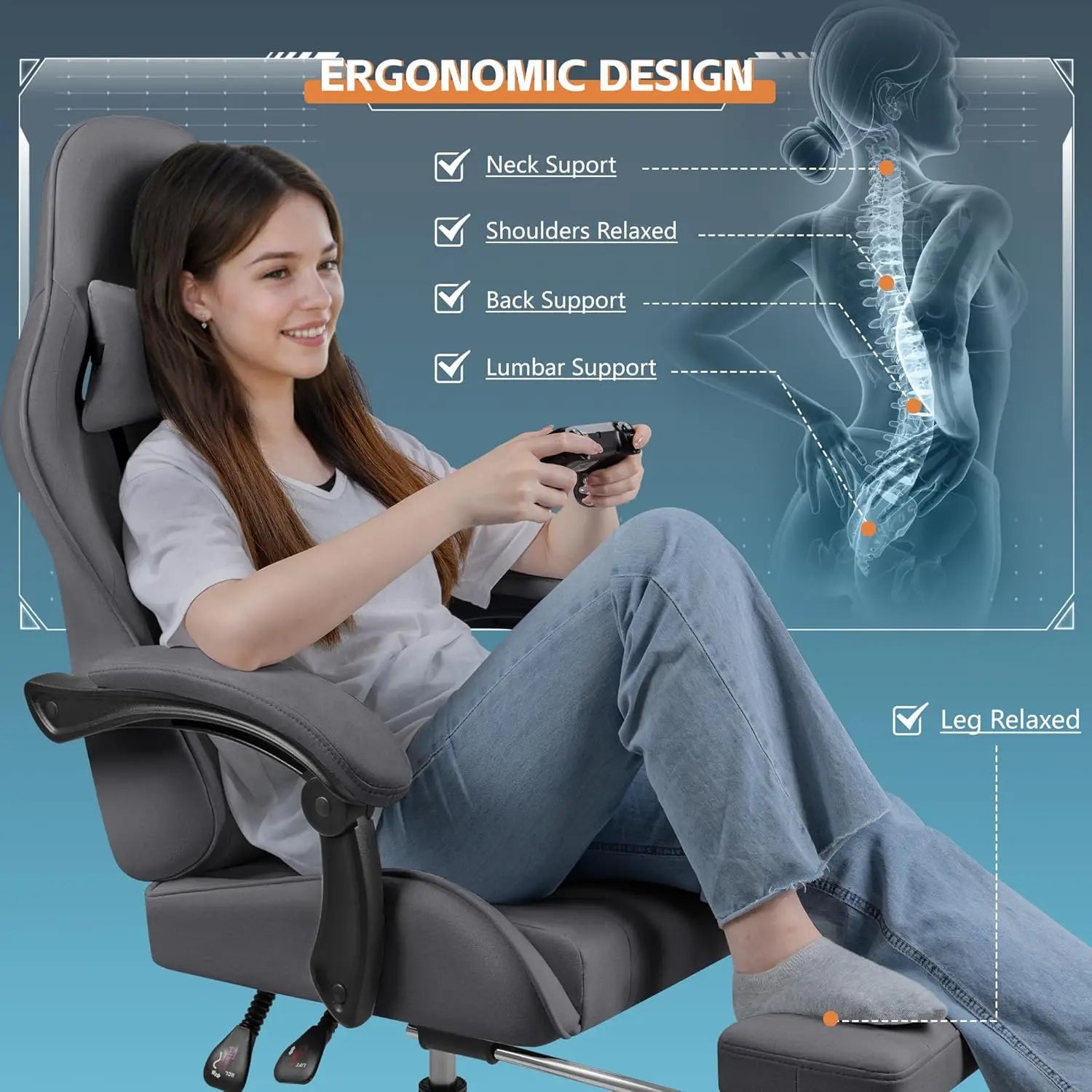 Gaming Chair Fabric with Massage Lumbar Support, Ergonomic Racing Video Game Chair with Adjustable Footrest and, Customized