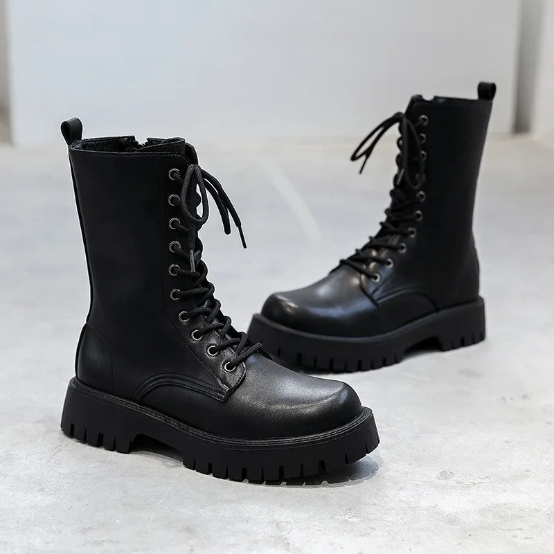 2025New Men's High-top Boots Punk Style Motorcycle Boots Classic Black Casual Leather Boot Lace Up Mid-Calf Platform Boots Botas