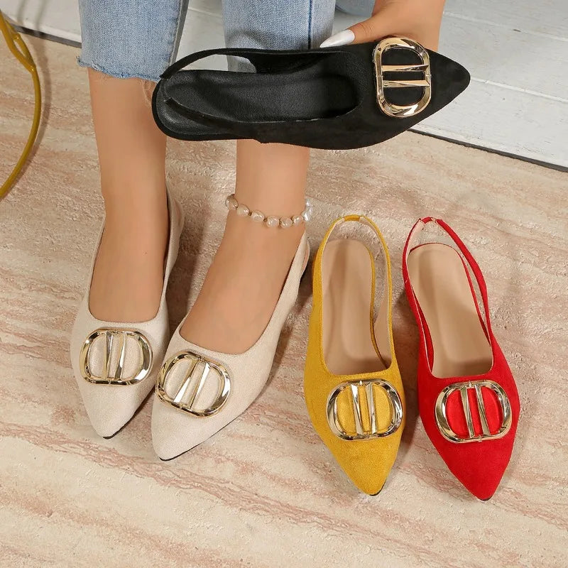 French Pointed-toe Metal Flat Shoes Baotou Sandals Shallow-mouth Single Shoes Foreign-style Explosive Internet Celebrity