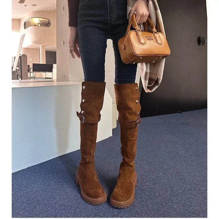 Over The Knee Cowboy Boots Women Designer Winter Platform Shoes Fashion Fur Suede Wedges Thigh High Boots Motorcycle Shoes 2024