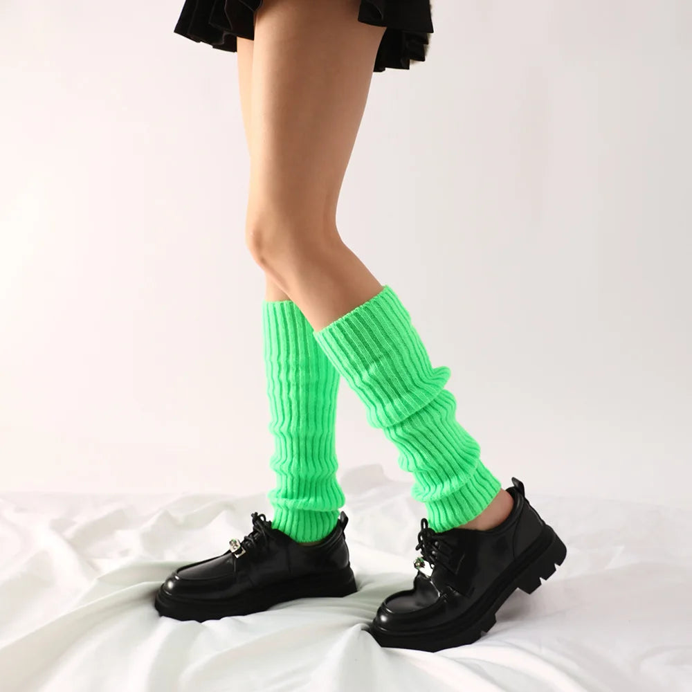 Women Halloween 80s Neon Colored Knit Leg Warmers Ribbed Bright Footless Socks Punk Black Knee High Gothic Hip-hop Rock Sock