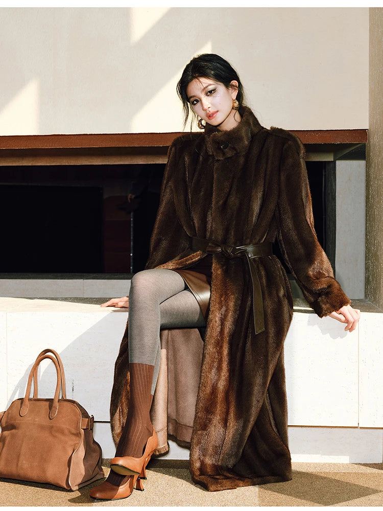 Lautaro Spring Winter Long Soft Thick Warm Brown Faux Mink Fur Coat Women Luxury High Quality Elegant Chic Fluffy Overcoat 2025
