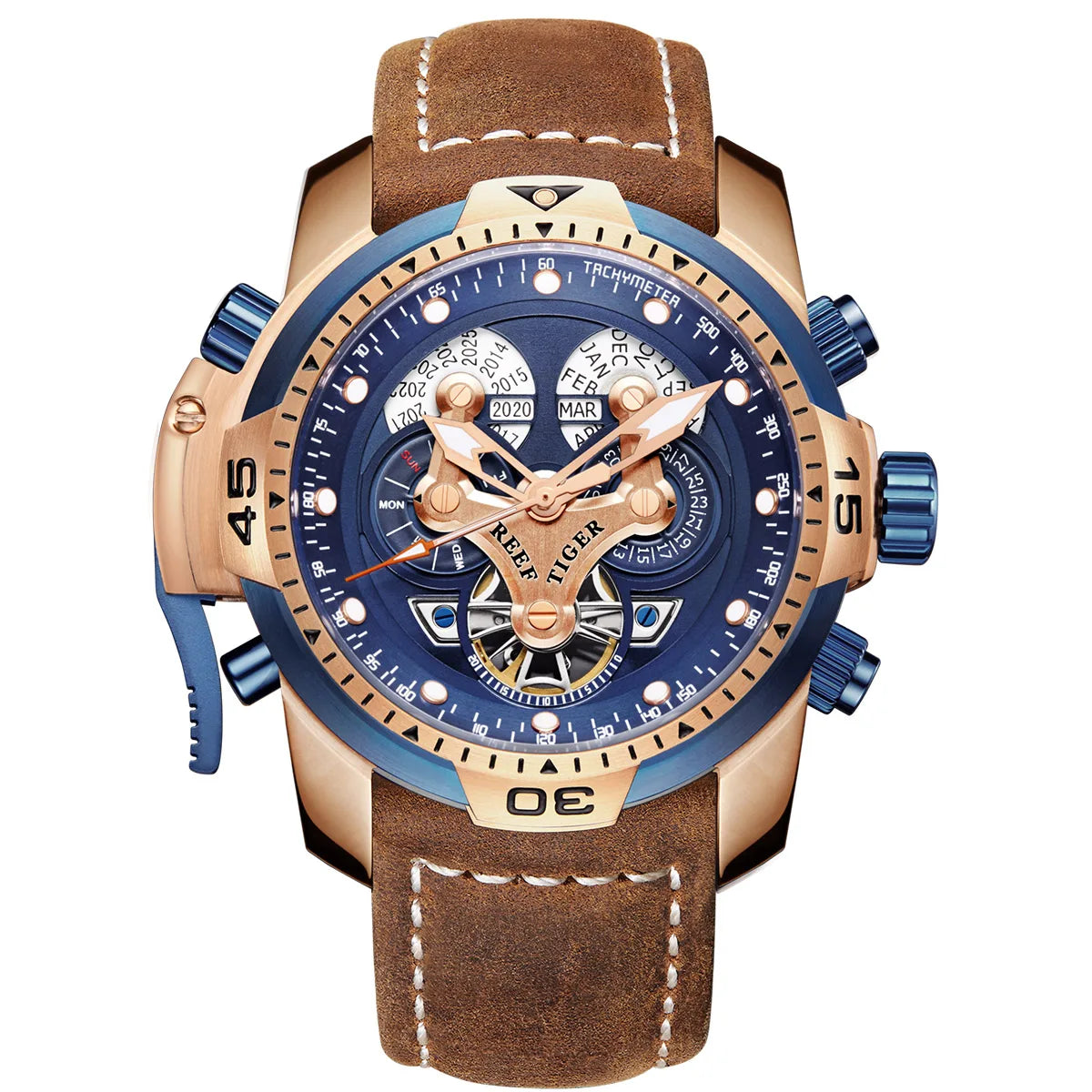 Reef Tiger Men's 46mm Automatic Mechanical Watch with Luminous Hands/Markers, Sapphire Crystal, and Year/Month/Day/Date Display
